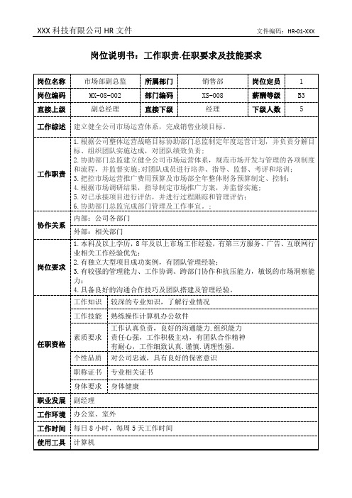 市场部副总监岗位说明书工作职责和任职要求