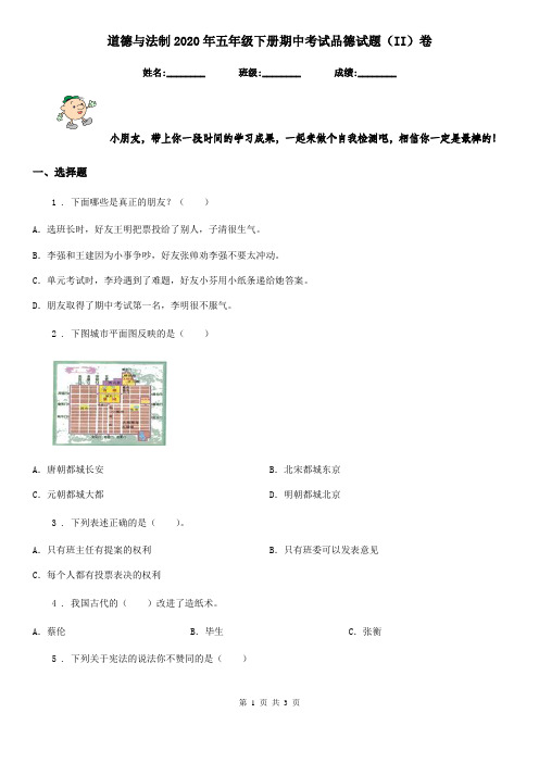 道德与法制2020年五年级下册期中考试品德试题(II)卷
