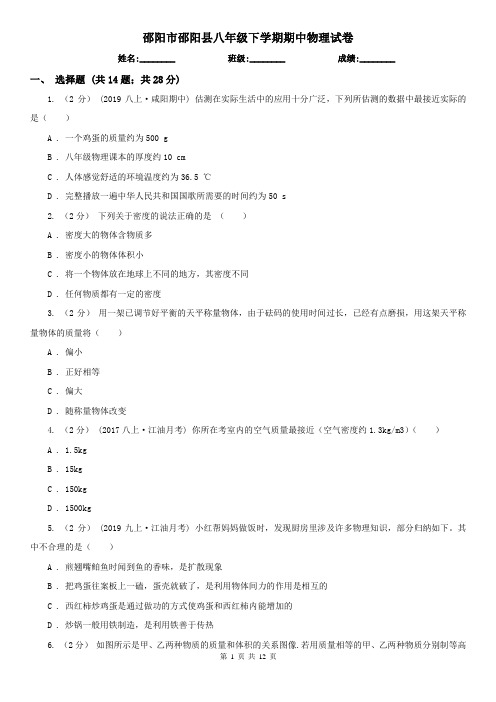 邵阳市邵阳县八年级下学期期中物理试卷