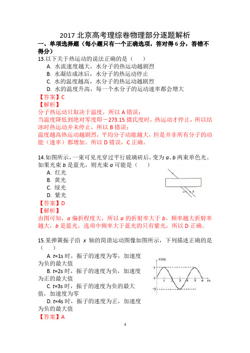 2017年全国普通高等学校校招生统一考试高考试题北京高考物理部分逐题解析(无水印版)