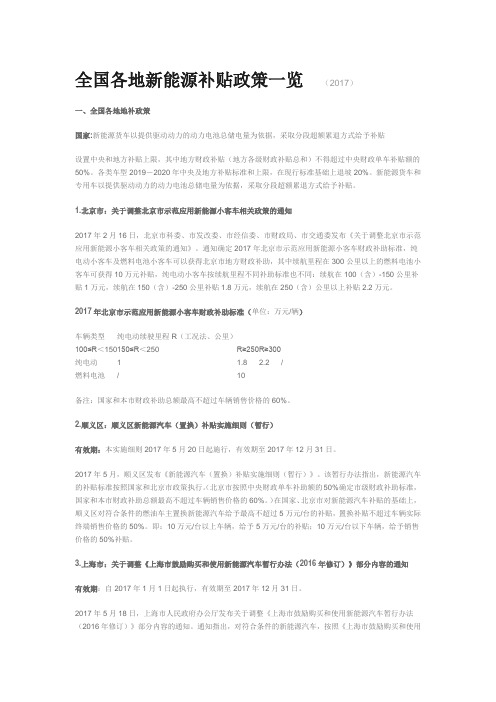 全国各地新能源补贴政策一览
