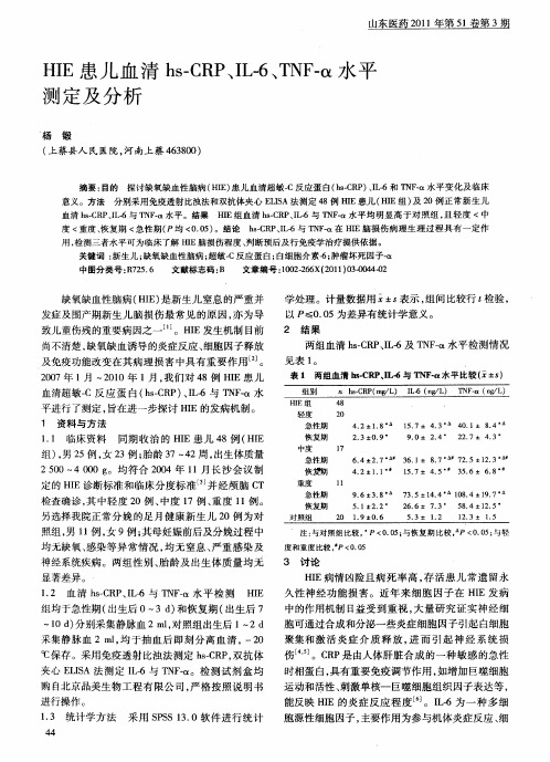 HIE患儿血清hs-CRP、IL-6、TNF-α水平测定及分析
