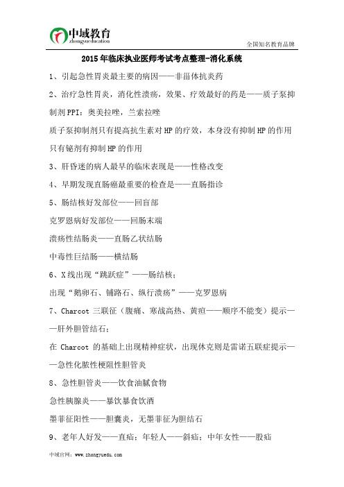 2015年临床执业医师考试考点整理-消化系统