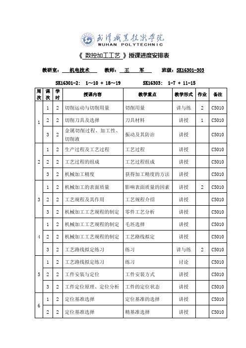 数控工艺授课进度安排表