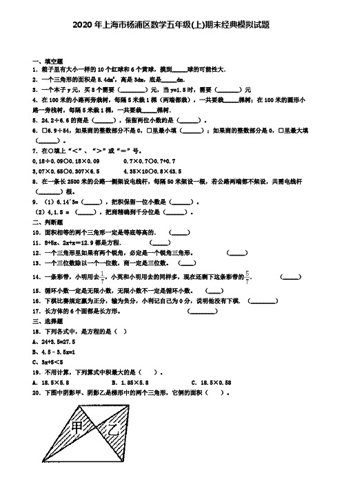 2020年上海市杨浦区数学五年级(上)期末经典模拟试题