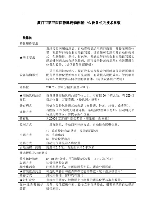 厦门第三医院静脉药物配置中心设备相关技术参数统排机整体规格