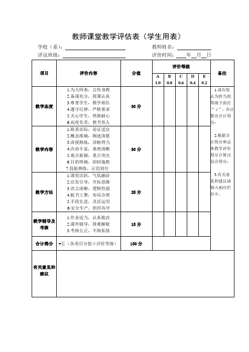 教师课堂教学评估表(学生用表).doc