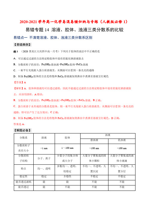 溶液、胶体、浊液三类分散系的比较-高一化学易混易错归纳与专练(人教版必修1)(解析版)