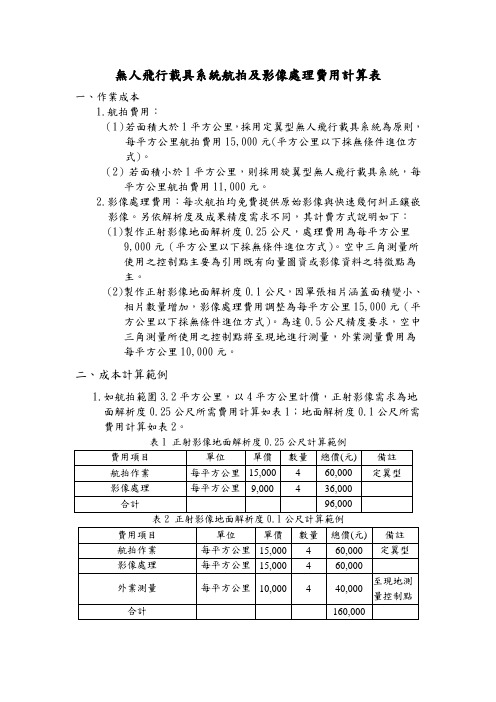 无人飞行载具航拍及影像处理费用计算表
