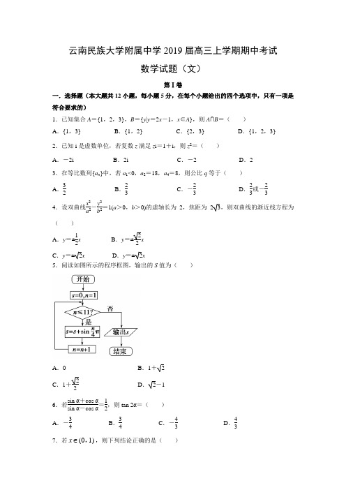 云南民族大学附属中学2019届高三上学期期中考试(文)数学试题及答案解析
