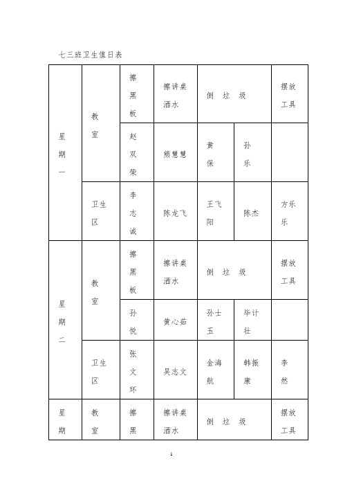七三班卫生值日表