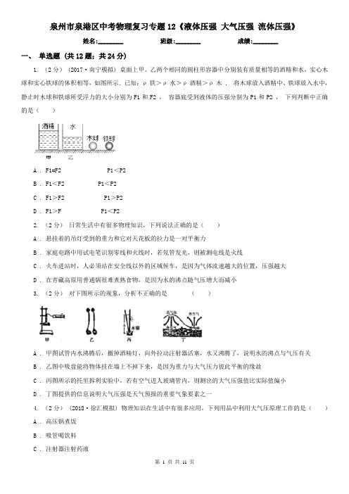 泉州市泉港区中考物理复习专题12《液体压强 大气压强 流体压强》