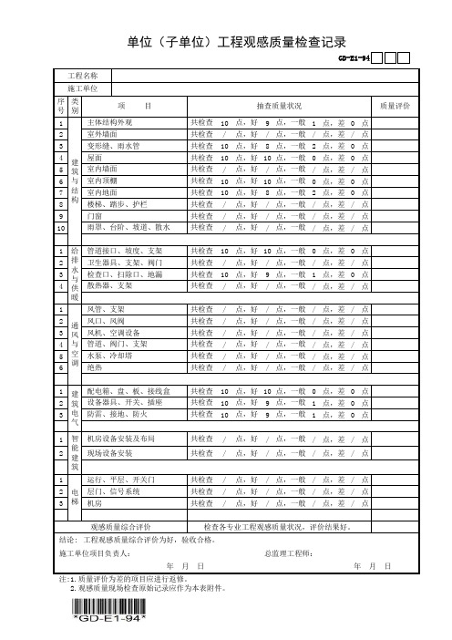 单位(子单位)工程观感质量检查记录-填写范例