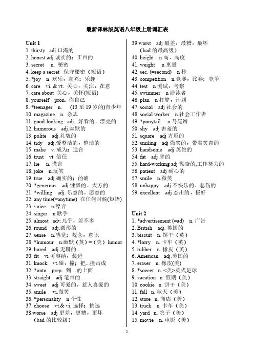 最新译林版英语八年级上册词汇表