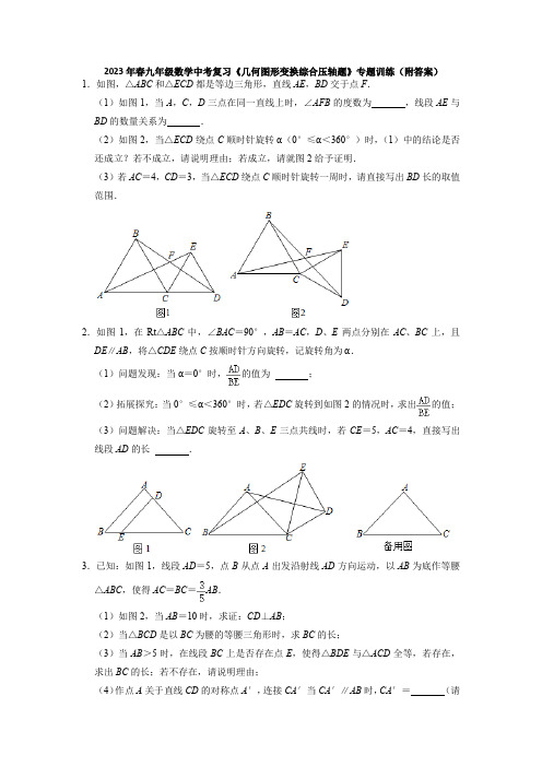 2023年 九年级数学中考复习 几何图形变换综合压轴题 专题训练(含答案)