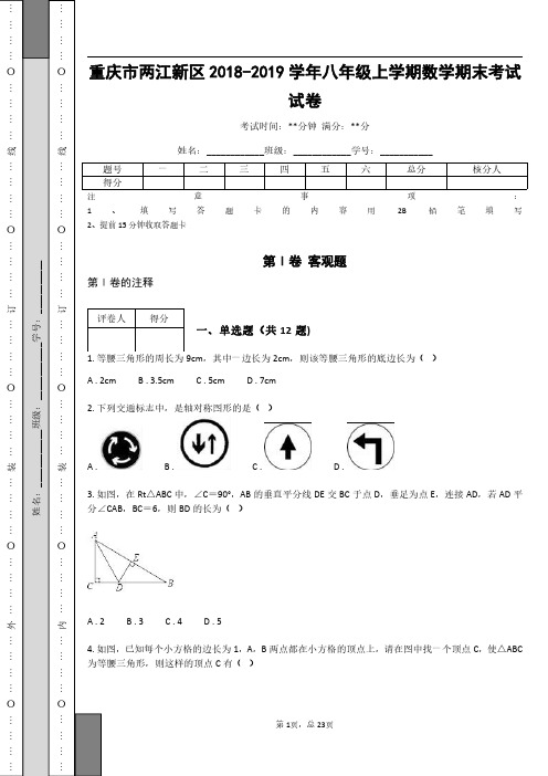 重庆市两江新区2018-2019学年八年级上学期数学期末考试试卷