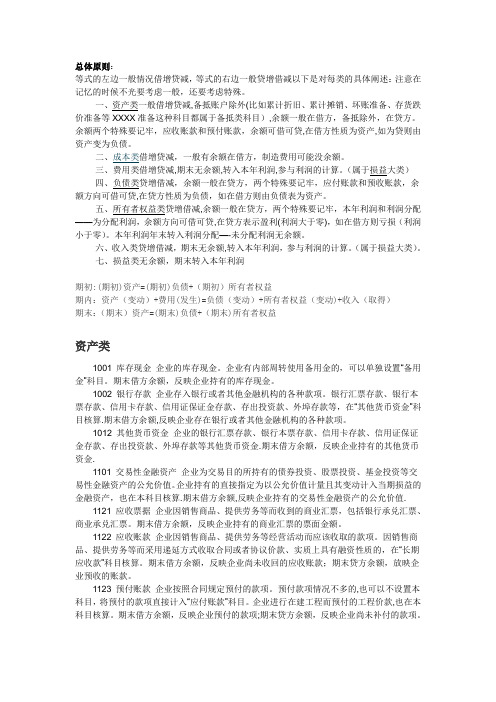 最新版会计科目明细表及借贷方向使用说明