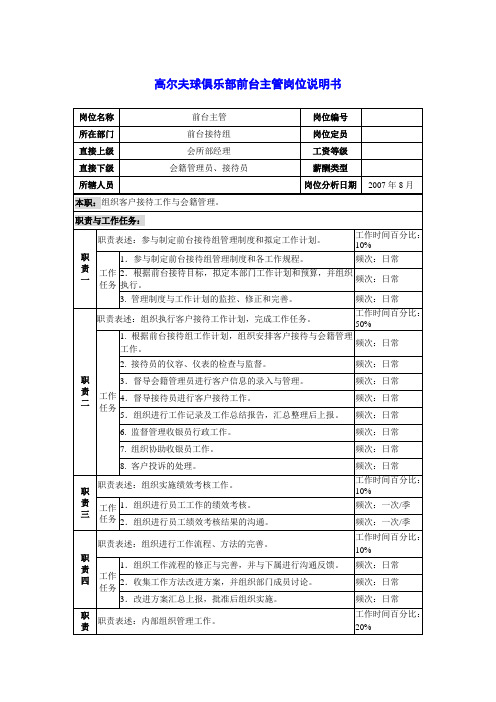 高尔夫球俱乐部前台主管岗位说明书