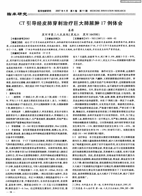 CT引导经皮肺穿刺治疗巨大肺脓肿17例体会