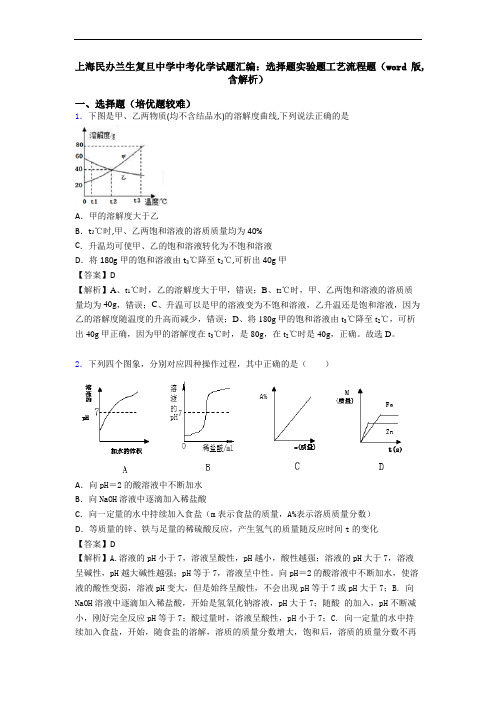上海民办兰生复旦中学中考化学试题汇编：选择题实验题工艺流程题(word版,含解析)