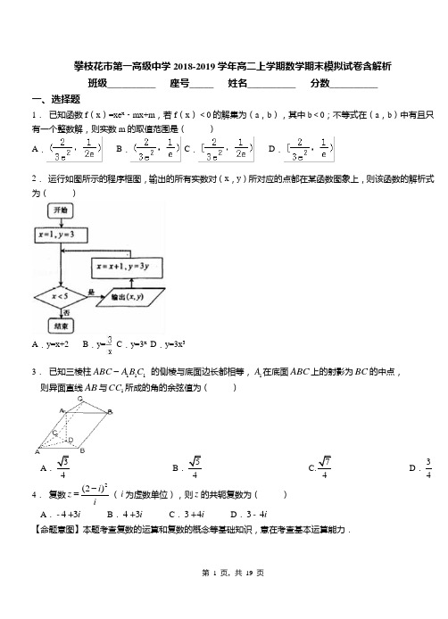 攀枝花市第一高级中学2018-2019学年高二上学期数学期末模拟试卷含解析