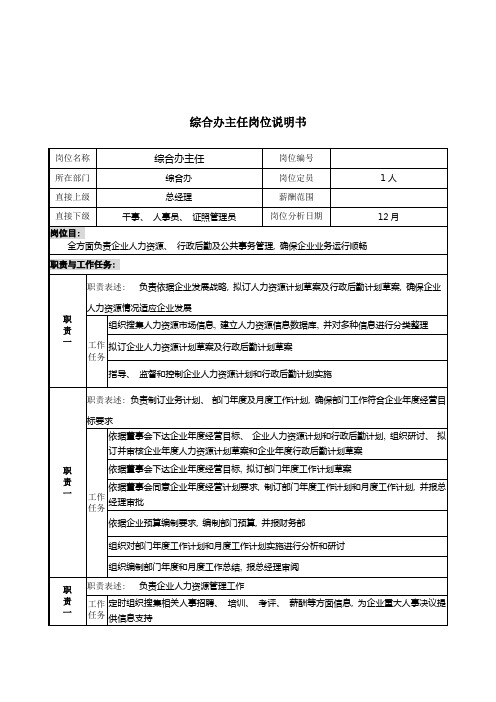 综合办主任岗位说明书完整版