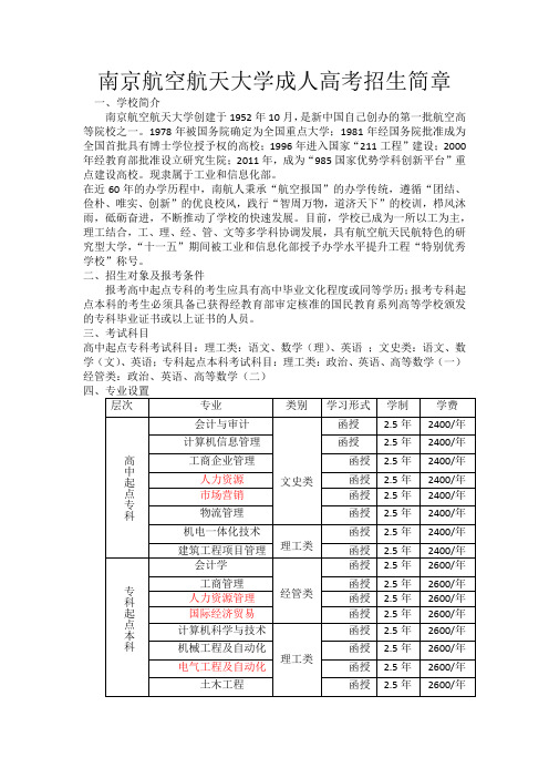 南京航空航天大学成人高考招生简章