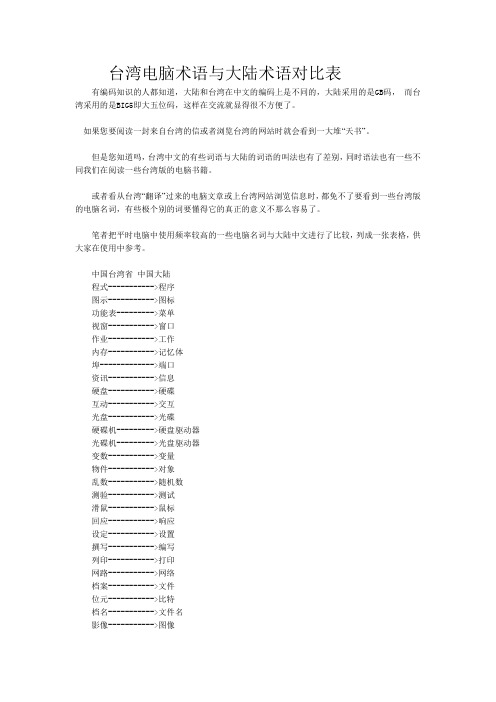 台湾电脑术语与大陆术语对比表
