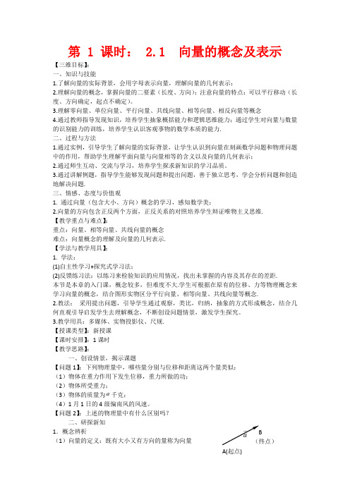 高中数学：2.1 向量的概念及表示 教案(苏教版必修4)
