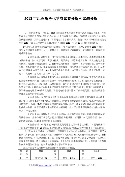 2013年江苏高考化学卷试卷分析和试题分析(全新Word详解详析版)