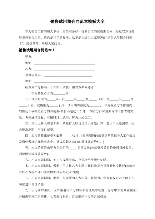 销售试用期合同范本模板大全