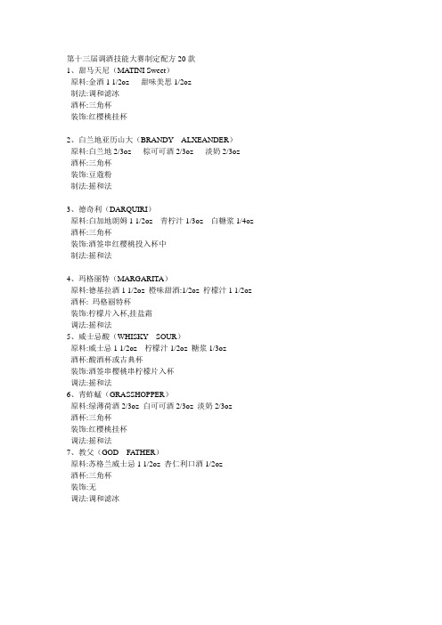 2014年第十三届调酒师比赛制定配方调酒配方