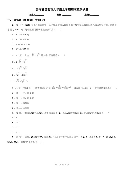 云南省昆明市九年级上学期期末数学试卷