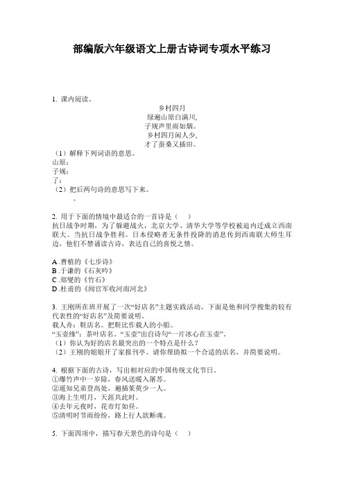 小学六年级语文上册古诗词专项水平练习·部编版(人教)
