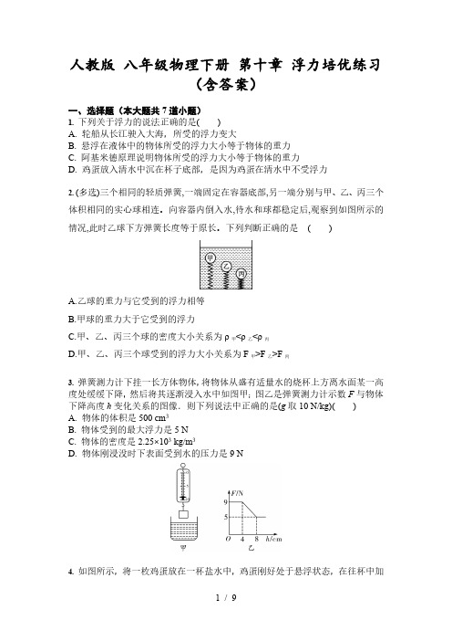 人教版 八年级物理下册 第十章 浮力培优练习(含答案)