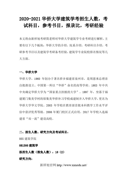 2020-2021华侨大学建筑学考研招生人数,考试科目,参考书目,报录比,考研经验