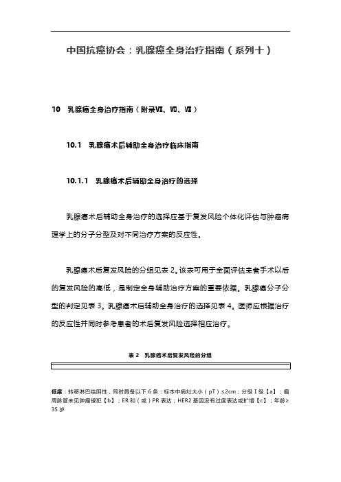 中国抗癌协会：乳腺癌全身治疗指南(系列十)