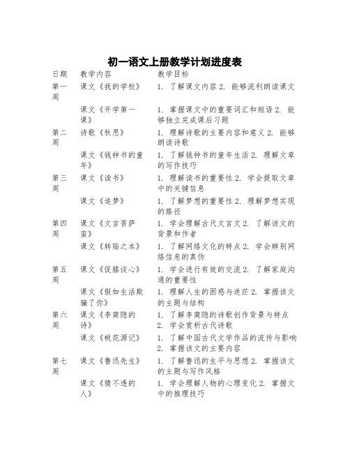 初一语文上册教学计划进度表