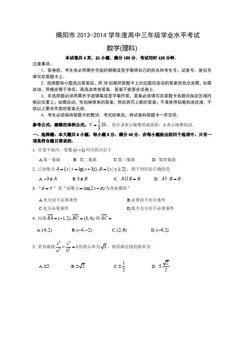 广东省揭阳市2013—2014学年度高中三年级学业水平考试理科数学试题