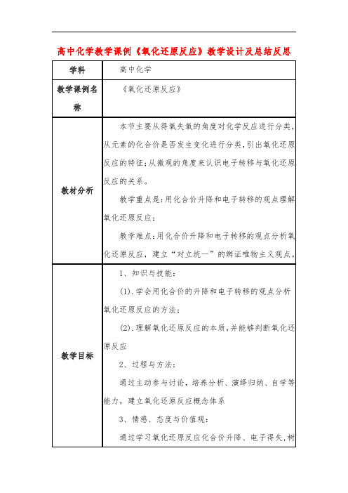 高中化学教学课例《氧化还原反应》课程思政核心素养教学设计及总结反思