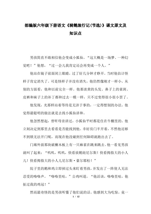 部编版六年级下册语文《骑鹅旅行记(节选)》课文原文及知识点
