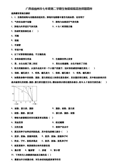 广西省梧州市七年级第二学期生物易错易混选择题精粹含解析
