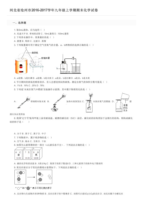 河北省沧州市2016-2017学年九年级上学期期末化学试卷及参考答案