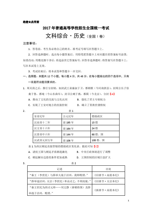 2017年全国卷1(历史)含答案