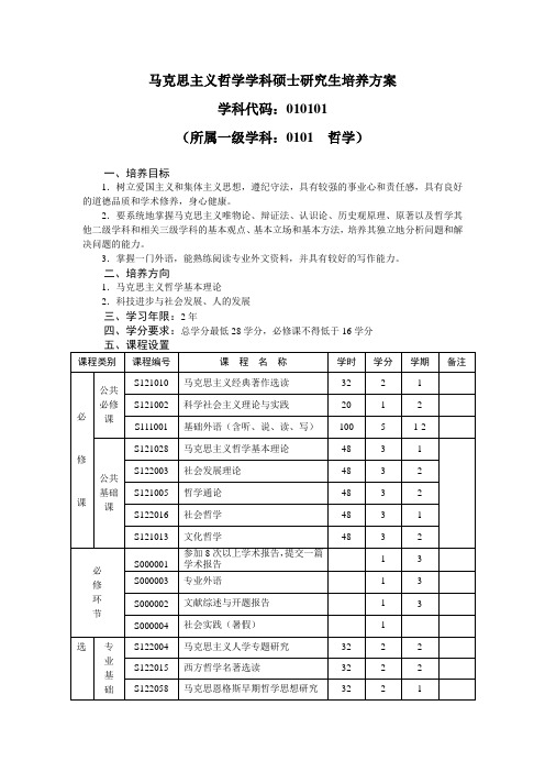 马克思主义哲学学科硕士研究生培养方案