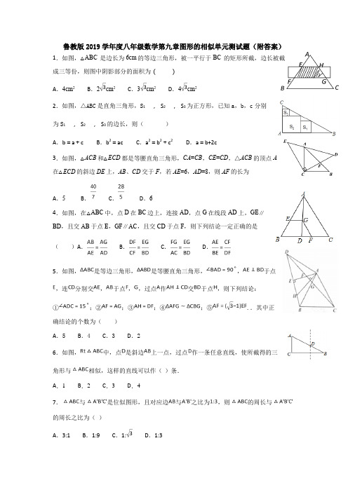 鲁教版2019学年度八年级数学第九章图形的相似单元测试题(附答案)