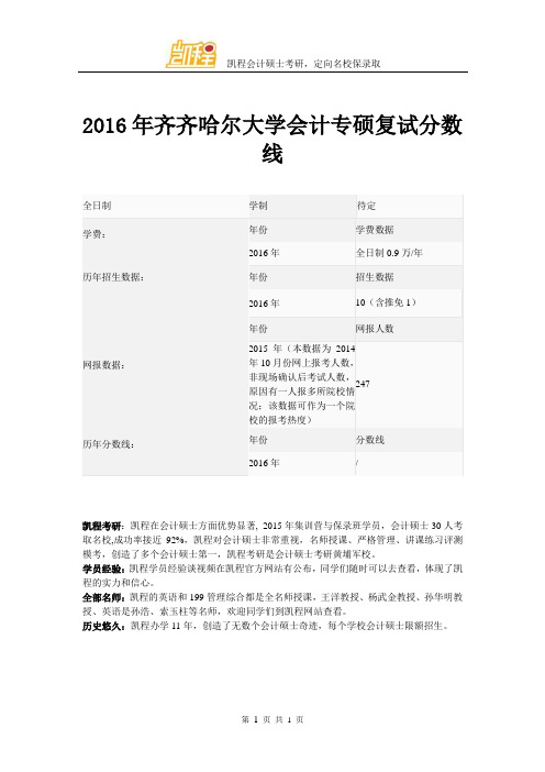 2016年齐齐哈尔大学会计专硕复试分数线