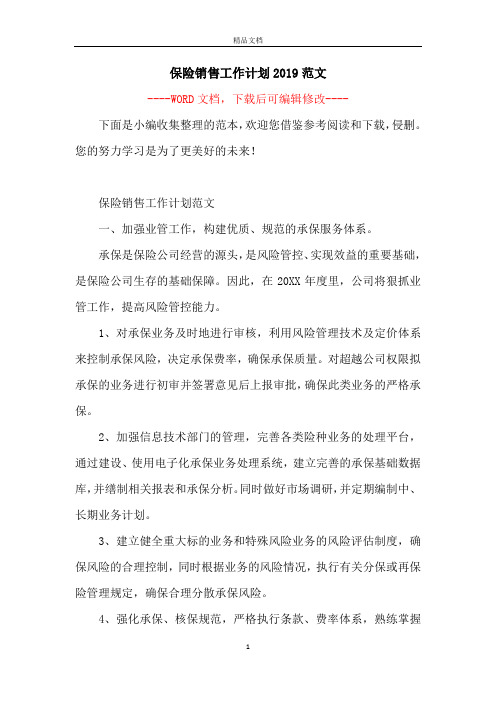 保险销售工作计划2019范文