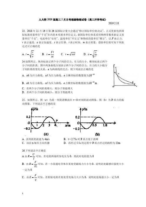 人大附高三2019届高三2月月考开学考试理综物理试卷含答案