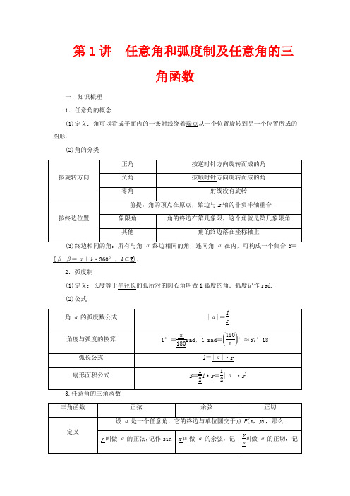高考数学一轮复习 第四章 三角函数、解三角形 第1讲 任意角和弧度制及任意角的三角函数教案 文 